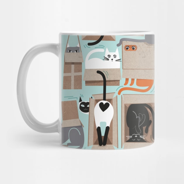 Purfect feline architecture // pattern // aqua background cute cats in cardboard boxes by SelmaCardoso